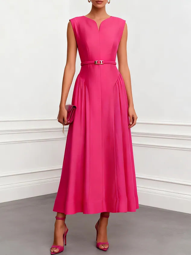 Rose Red Classic Notched Sleeveless A-Line Maxi Dress
