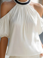 Cold-Shoulder Pleated Halter Neck Blouse
