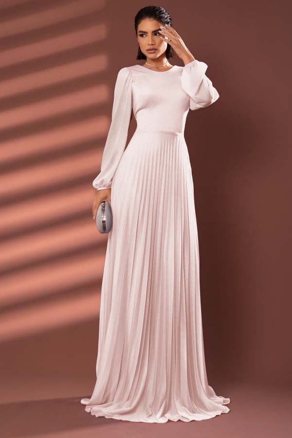 Chiffon Jewel Neck Long Sleeves Long Prom Dress With Pleated WQ0258