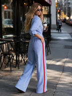 Casual Fashion Lapel Button-front Light Blue Striped Jumpsuit