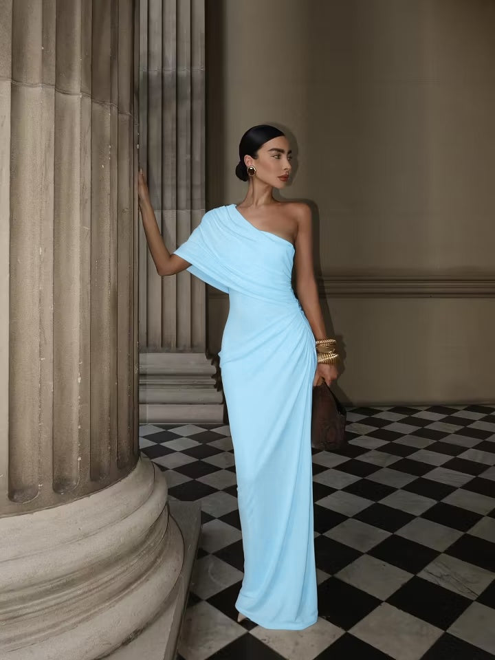 Cocoslly One Shoulder Sleeveless High Waist Long Mermaid Prom Dress With Pleated | White Satin YK1192