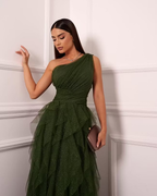 Cocoslly One Shoudler Sleeveless High Waist Long Prom Dress With Ruffles | Forest Green Tulle ZT0560