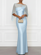 Champagne 3D Floral Satin Boat Neck Short Sleeve Sheath Gown Dress with Capelet