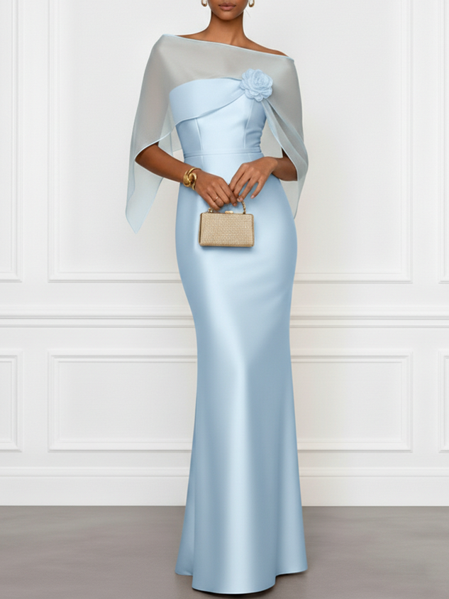 Champagne 3D Floral Satin Boat Neck Short Sleeve Sheath Gown Dress with Capelet