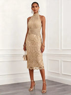 Champagne Ruched Lace Jacquard Classic Halter Neck Sleeveless H-Line Midi Dress