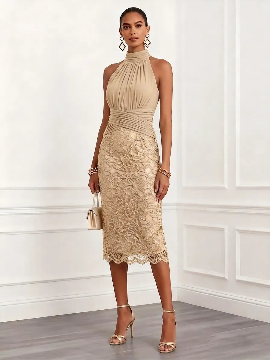 Champagne Ruched Lace Jacquard Classic Halter Neck Sleeveless H-Line Midi Dress