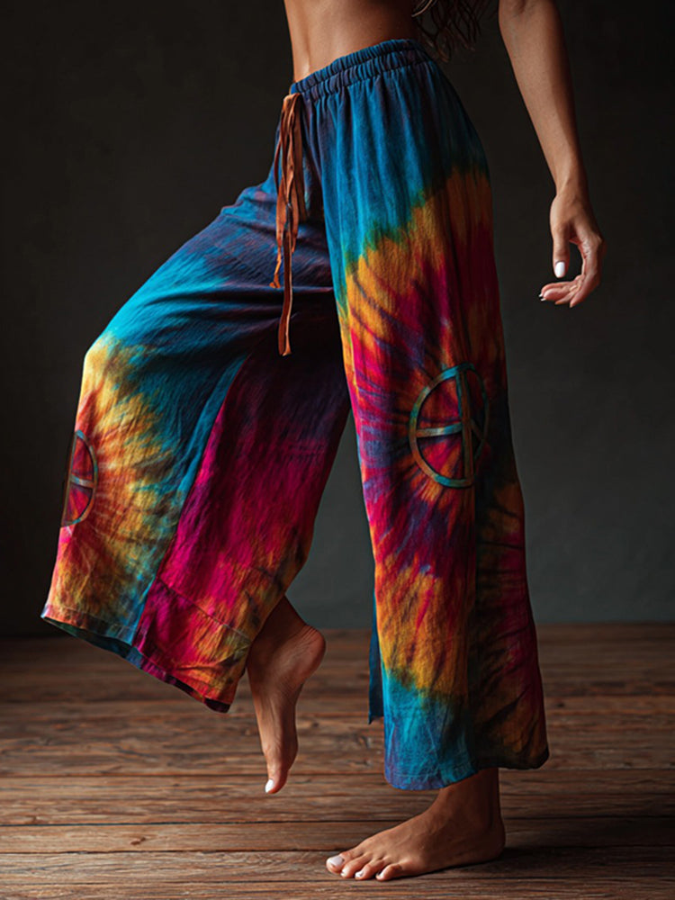 Women's Hippie Rainbow Peace Sunflowers With Tie-dye Pattern Pants