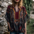 Women's Vintage Boho Nepal Ethnic Geometry Art V-neck Shirt