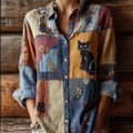 Cute Cat Retro Patch Work Design Casual Linen Shirt