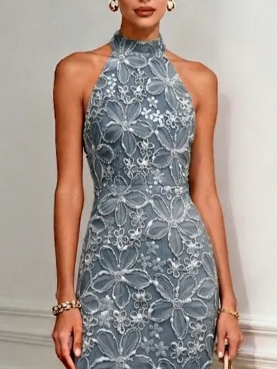 Deep Blue Jacquard Denim Dress Halter Neck Sleeveless Sheath Midi Dress