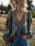 Women's Vintage Paisley Cotton Linen V-neck Long Sleeve Top