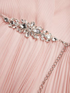 Pink Pleated Rhinestone Chiffon V Neck Short Sleeve Ruffle Sleeve A-Line Maxi Dress