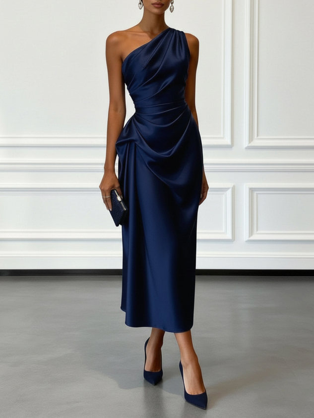 Champagne Ruched Satin One Shoulder Sleeveless Sheath Midi Dress