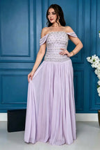 Cocoslly Off-The-Shoulder Sleeveless High Waist Long Prom Dress With Rhinstone | Champage Chiffon LR0566