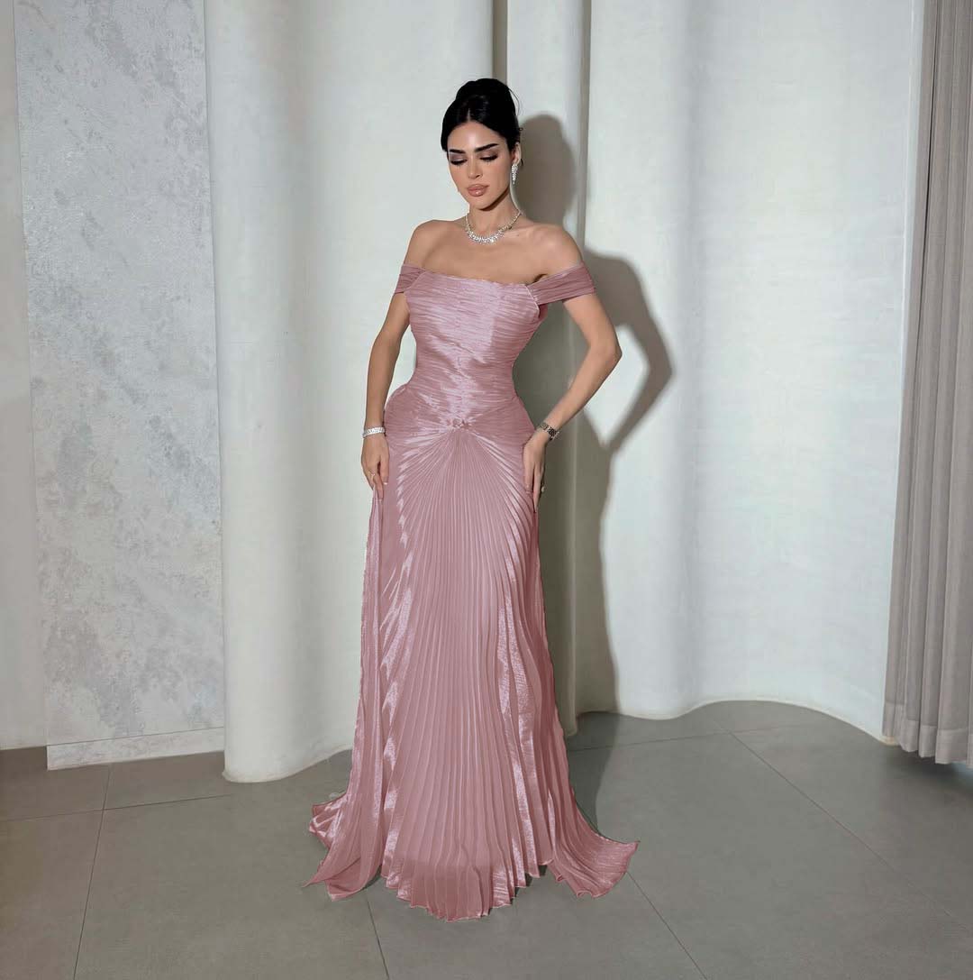 Chic Off the Shoulder Sleeveless Long Prom Dress With Pleated YK0266