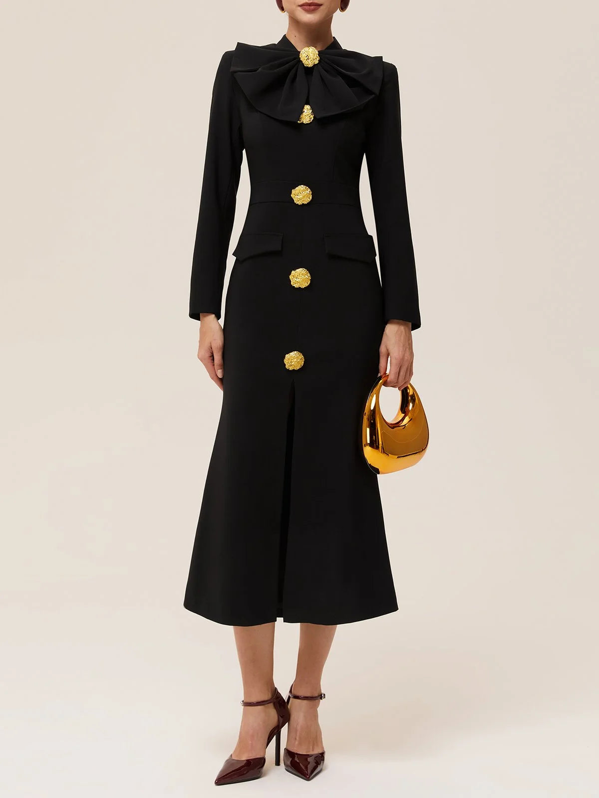Black Bow Collar Long Sleeve Blazer Sheath Midi Dress