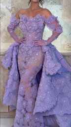 Cocoslly Strapless Long Sleeves High Waist Long Prom Dress With Flowers And Beading Pearls | Lilac Tulle CO0212