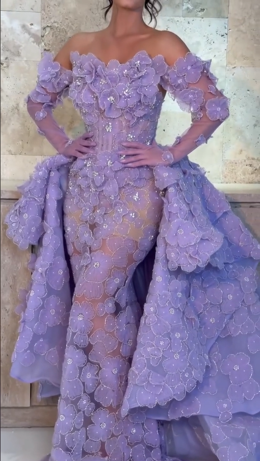 Cocoslly Strapless Long Sleeves High Waist Long Prom Dress With Flowers And Beading Pearls | Lilac Tulle CO0212