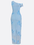 Light Blue Jacquard Classic Off The Shoulder Sleeveless Bodycon Floor-length Gown Dress