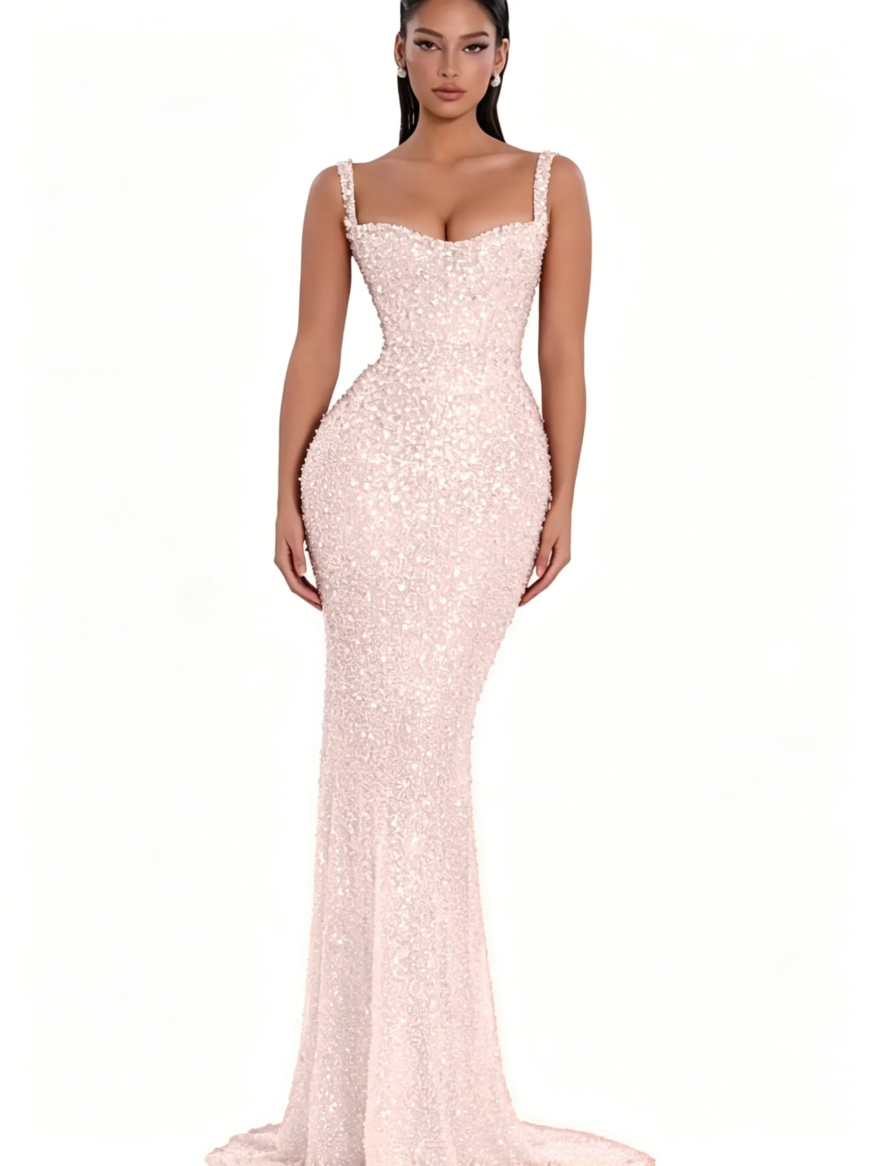 Cocoslly Spaghetti Straps Sleeveless High Waist Long Mermaid Prom Dress With Beading Pearls | Nude Champage Sequins JZ0120