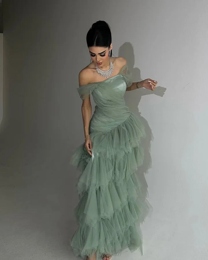 Cocoslly Off-The-Shoulder Sleeveless High Waist Long Prom Dress With Ruffles | Dusty Sage Tulle CO0137