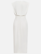 Off White Button Side-Slit Classic Crew Neck Sleeveless Sheath Midi Dress With Pockets