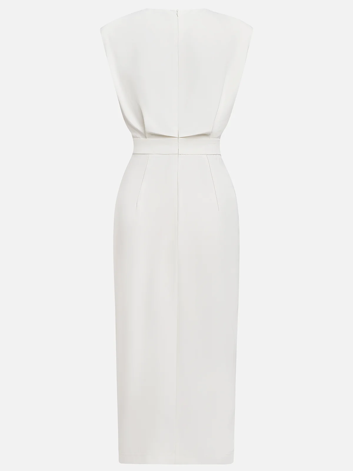Off White Button Side-Slit Classic Crew Neck Sleeveless Sheath Midi Dress With Pockets