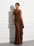 Brown Jacquard Classic Boat Neck Sleeveless Sheath Floor-length Gown Dress