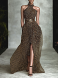 Brown Slit Classic Halter Sleeveless A-Line Maxi Dress