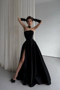 Cocoslly Strapless Sleeveless High Waist Long Prom Dress With Split And Gloves | Black Satin ZT0723