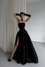 Cocoslly Strapless Sleeveless High Waist Long Prom Dress With Split And Gloves | Black Satin ZT0723