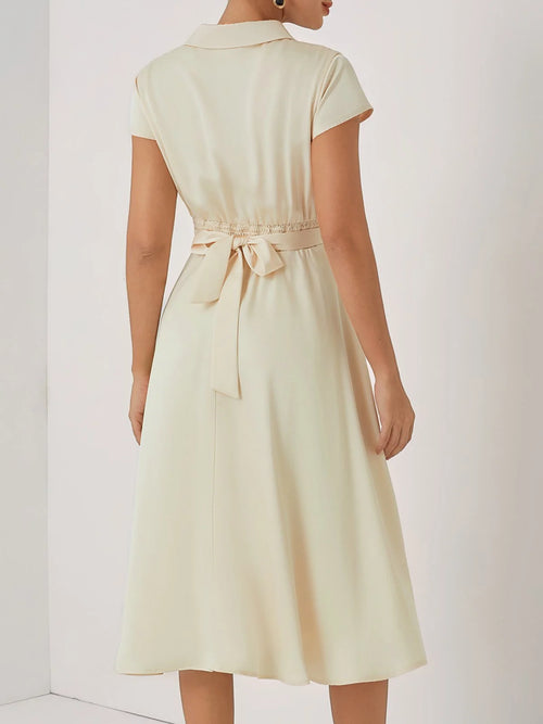 Apricot Embroidery Floral Classic Bow Collar Cap Sleeve A-Line Midi Dress