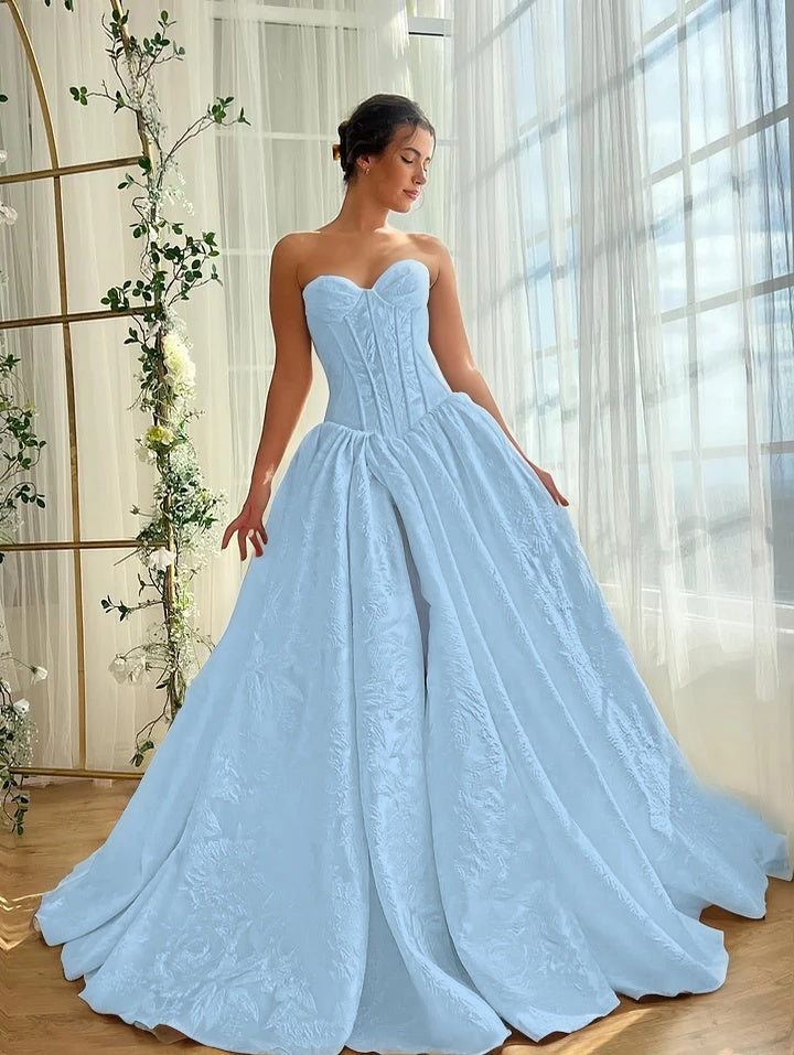 Satin V-Neck Strapless Sleeveless Long A-Line Prom Dress With Split And Pleated YK0614