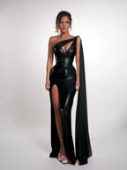 Cocoslly One Shoulder Sleeveless High Waist Long Prom Dress With Deep Split | Nude Sequins JZ0150