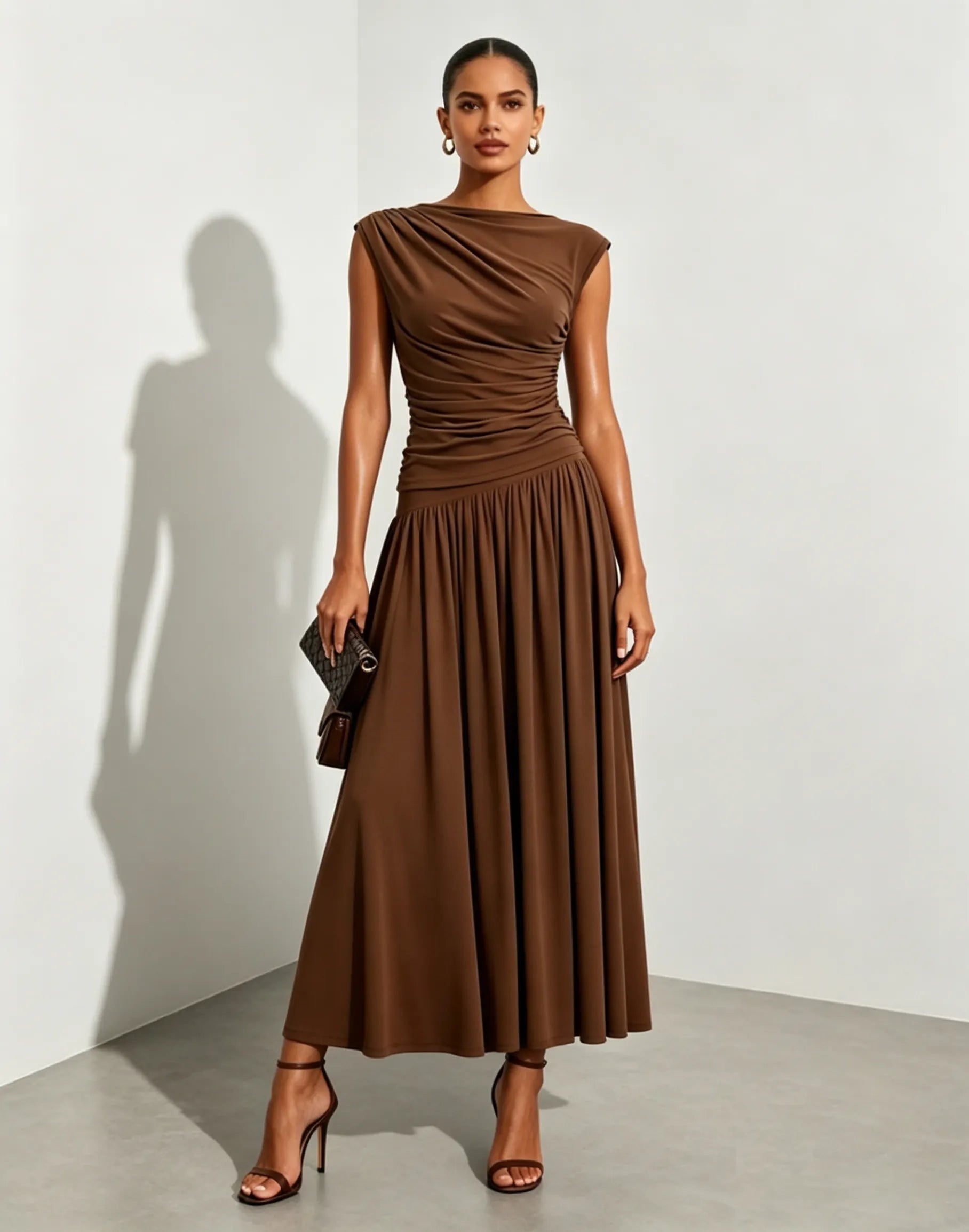 Brown Ruched Knit Boat Neck Cap Sleeve A-Line Maxi Dress