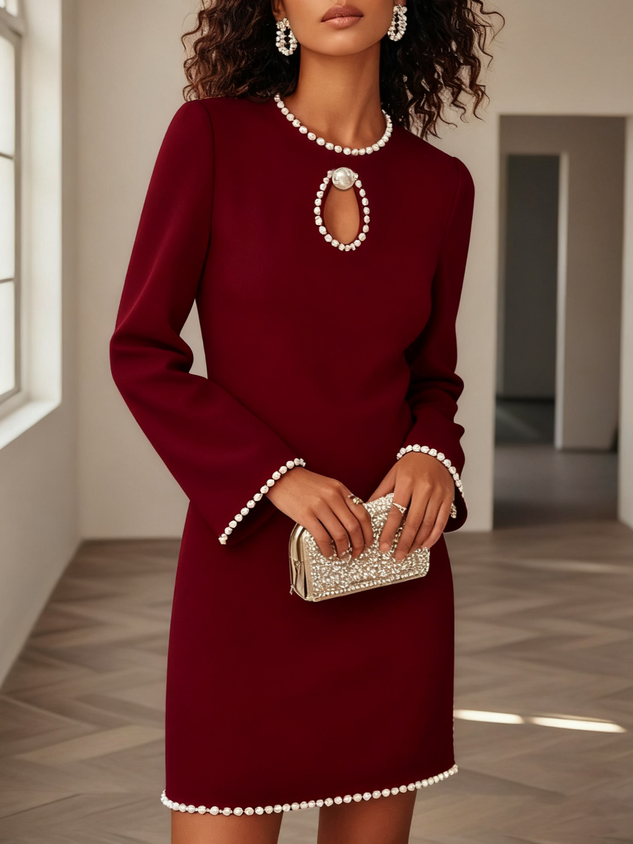 Black Faux Pearl Cut Out Classic Crew Neck Long Sleeve Sheath Mini Dress