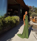 Cocoslly Spaghetti Straps Sleeveless Backless Long Prom Dress | Green Chiffon CO0072