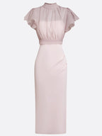 Women Pink Mock Neck Short Sleeve Dressy Dress With Top Two-Piece Set