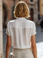 Structured Short Sleeve Stand Collar Blouse With Pleated Front Panel