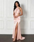 Cocoslly Halter Sleeveless High Waist Long Prom Dress With Split And Pleated | White Satin LX0111