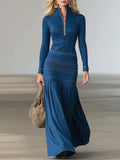 Women鈥檚 Structured Denim Zip Front Long Sleeve Maxi Dress
