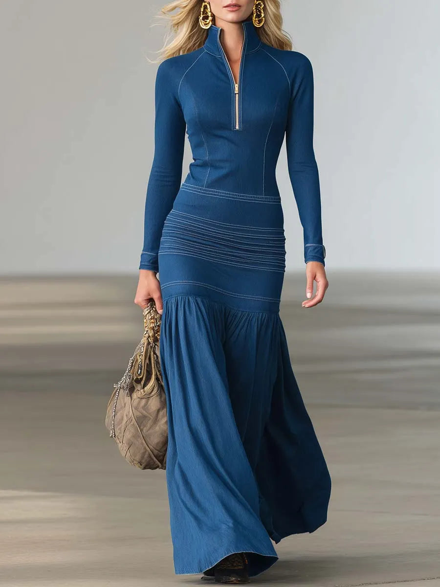 Women鈥檚 Structured Denim Zip Front Long Sleeve Maxi Dress