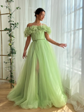Tulle Off-The-Shoulder Strapless Sleeveless Long Pleated A-Line Prom Dress With Flower Appliques And Split YK0615