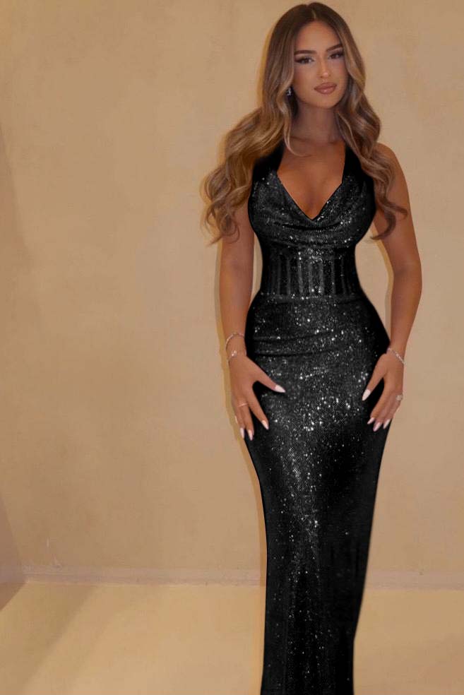 Sequin Halter Sleeveless Long Mermaid Prom Dress With Pleated WQ0091