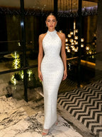 Cocoslly Halter Sleeveless High Waist Long Mermaid Prom Dress With Rhinstone | Sliver Satin LX0110