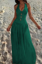 Cocoslly Halter V-Neck Sleeveless High Waist Long Prom Dress With Rhinstone | Ivory Chiffon XJ0755