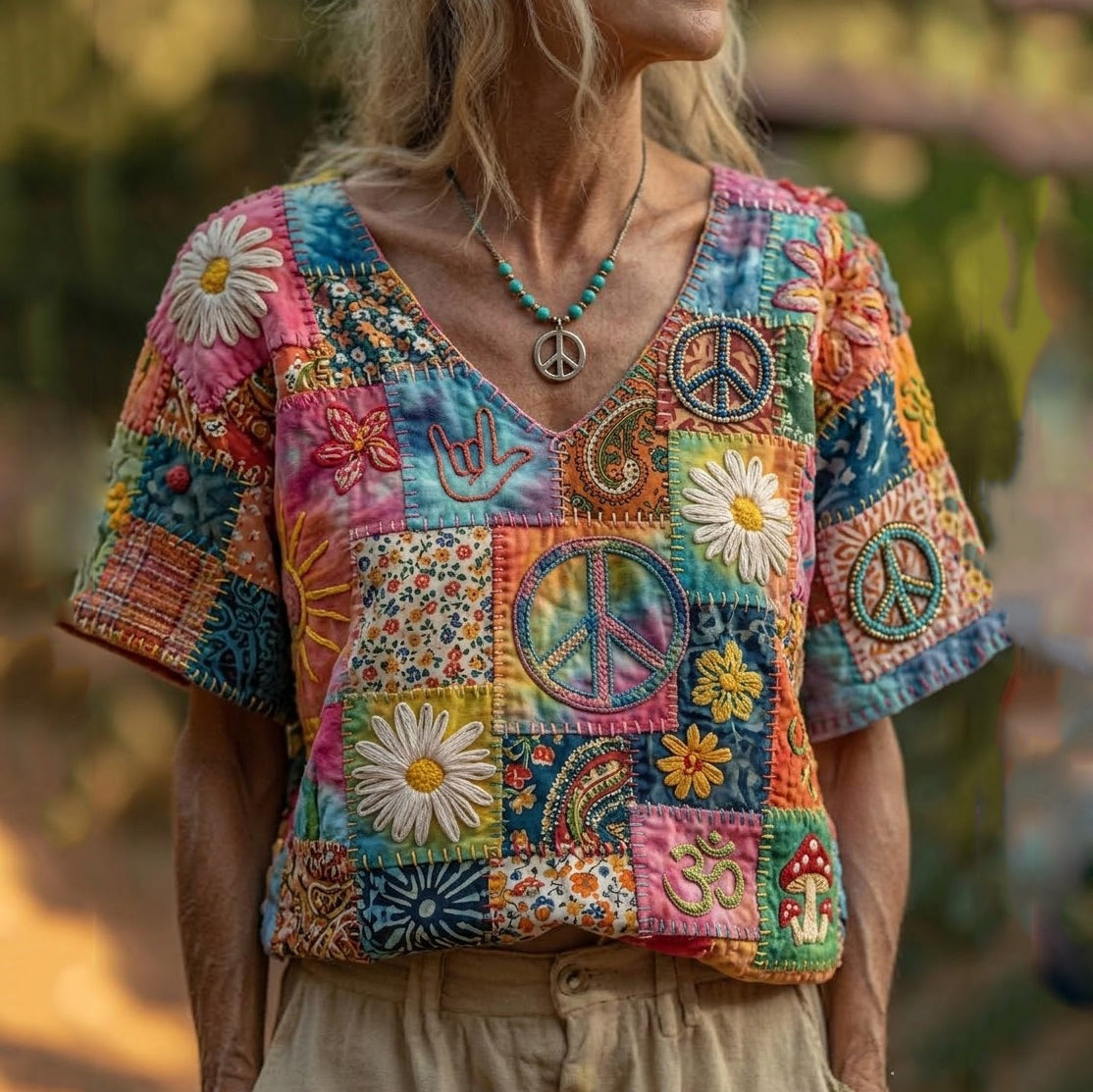 Vintage Hippie Peace Daisy Gradient Floral Patchwork Print Linen T-shirt