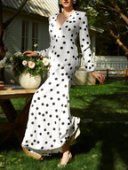 White Polka Dots Deep V Neck Long Sleeve A-Line Maxi Dress