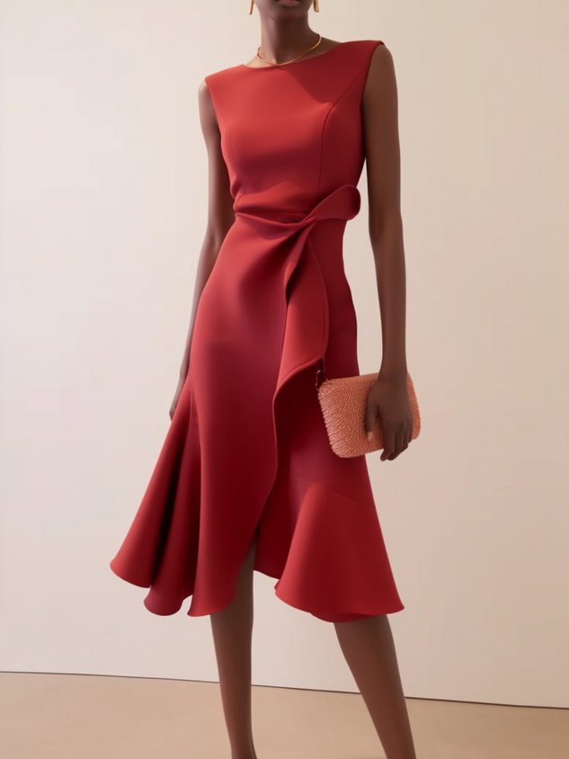 Apricot White Sleeveless Midi Elegant A-line Dress with Waist Twist for Day-to-Night