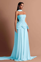 Strapless Sleeveless Long Prom Dress With Beading Pleated Wrap WQ0084